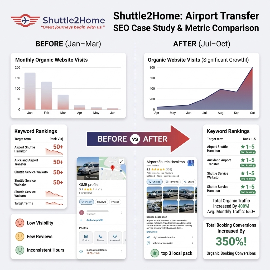 Shuttle2Home SEO Before & After — Airport Transfer Rankings New Zealand