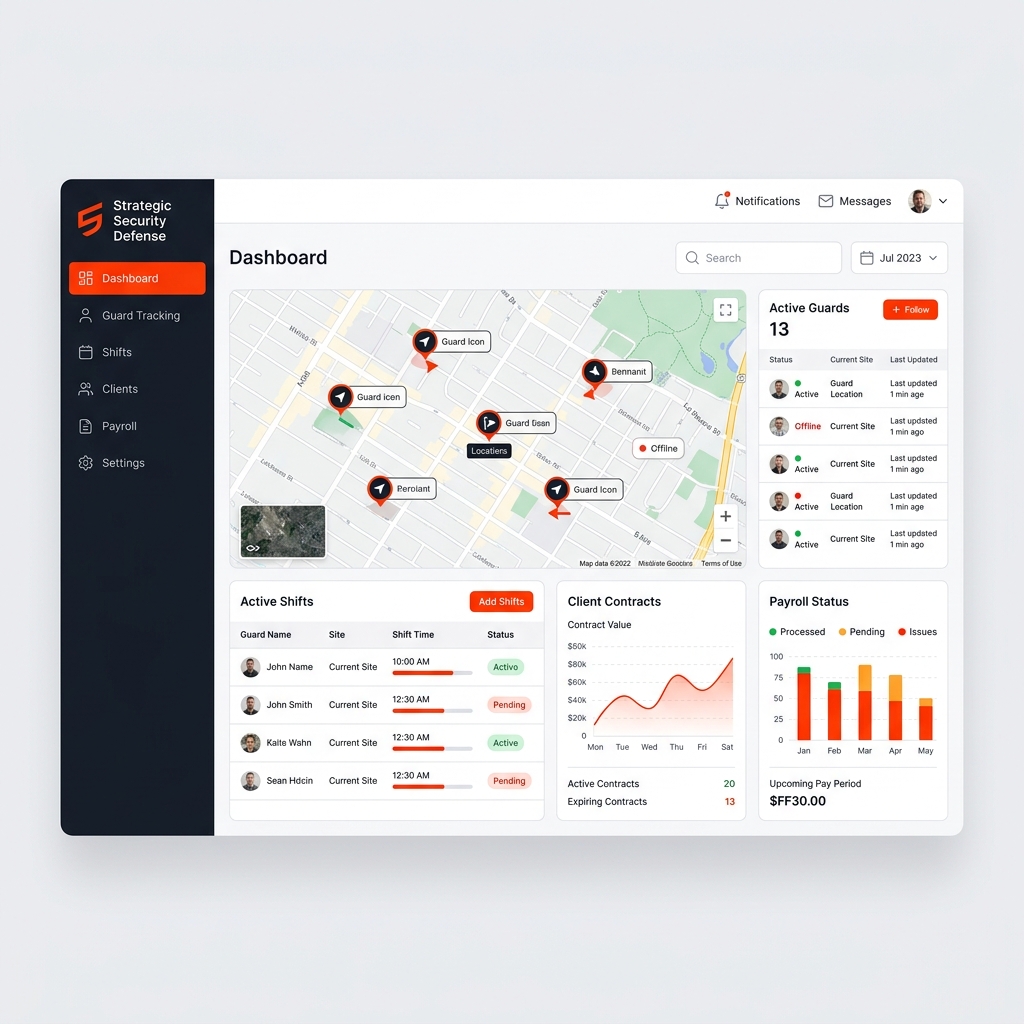 Strategic Security Defense ERP Dashboard showing live tracking and workforce data